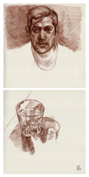 Drawing, Hosein Shirahmadi, Self Portrait and two Glasses, 2019, 38228