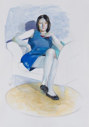 , Hosein Shirahmadi, Sitting Girl in Blue Dress with Yellow Carpet, 2025, 80339
