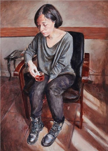 Painting, Farsam Sangini, A girl with a piece of cake in mouth and a cup of tea in her hand, 2020, 36402