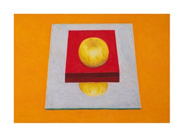 Fariborz Ghalam, Golden Lemon atop Red, Red upon Mirror, Mirror on Orange background, 2025, 0