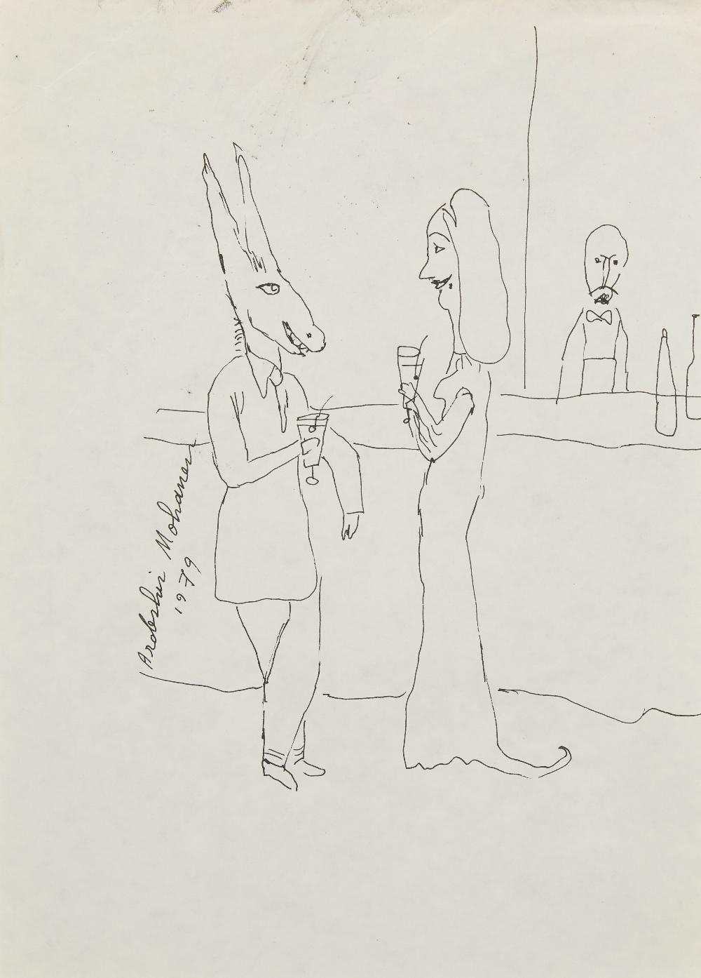 Ardeshir Mohassess, Untitled, Donkey Head Man and Woman at the Bar, 1979