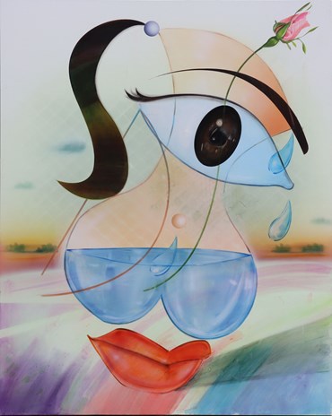 Painting, Hoda Kashiha, Woman holding the vase The vase holding the flower The lips The eyes The vase Fit water and light in herself, 2023, 70236