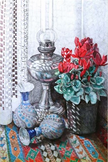 Sara Pourfarzaneh, Oil Lamp and Cyclamen, 0, 0
