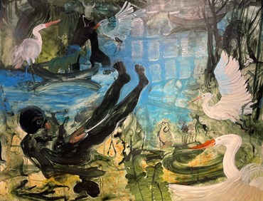 Painting, Saba Farhoudnia, Disabled Man Amidst White Egrets, 2023, 73100