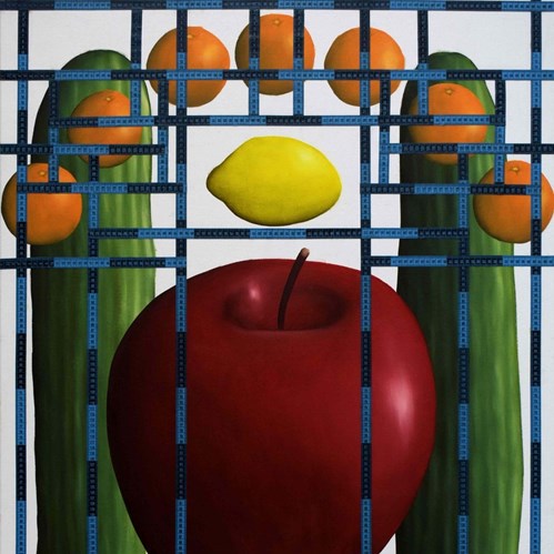 متر پلاستیکی، میوه، رنگ روغن و بوم در سانتیمتر